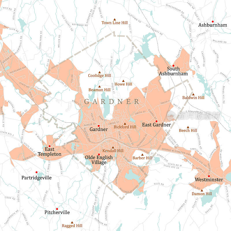 MA Worcester Gardner矢量路线图